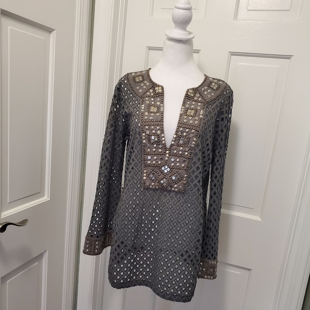 Boston Proper Grey Tunic With Studded Accent Pullover, Boho, Chic, Unique